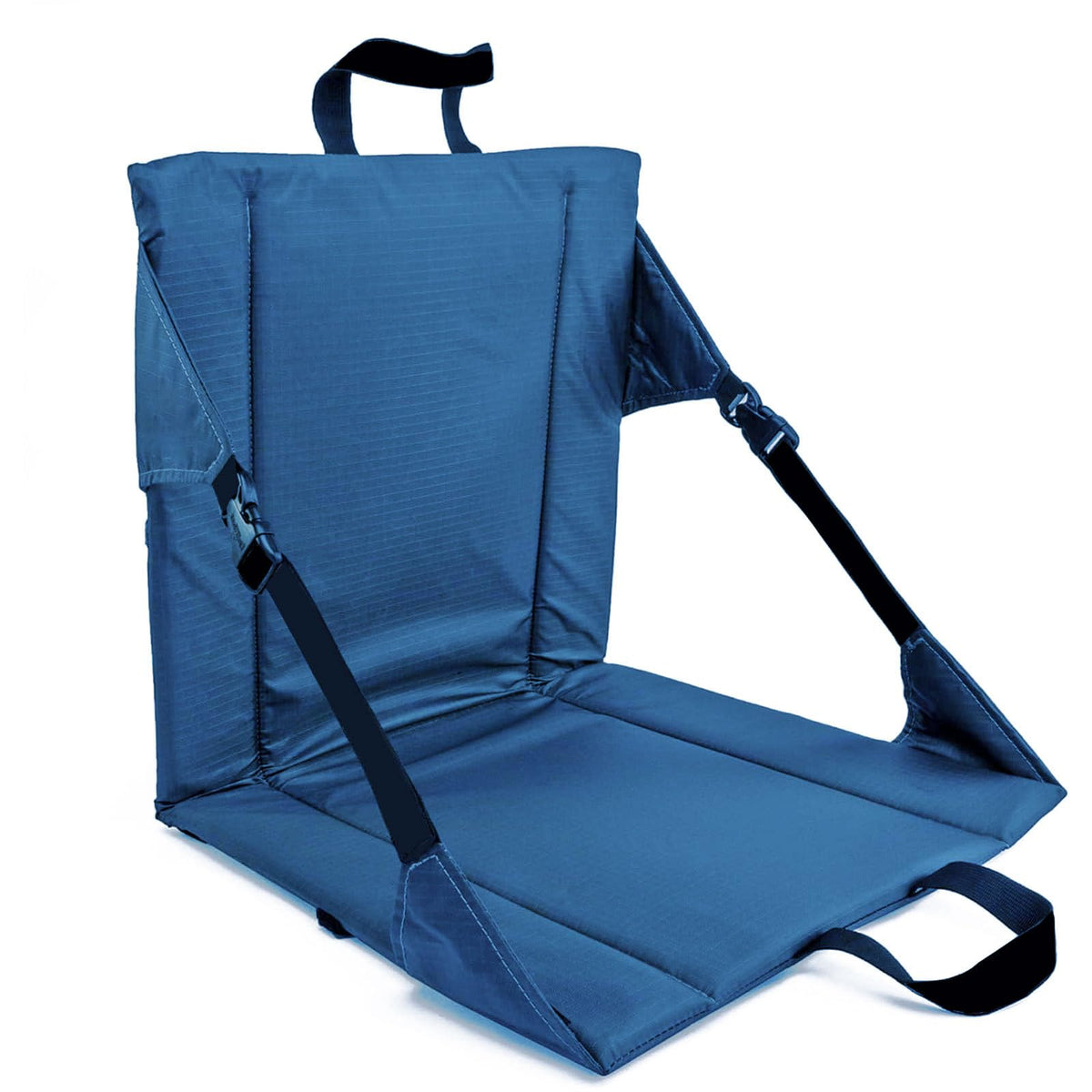 Generic portable camping chair with backrest in turquoise and purple for comfortable outdoor seating.