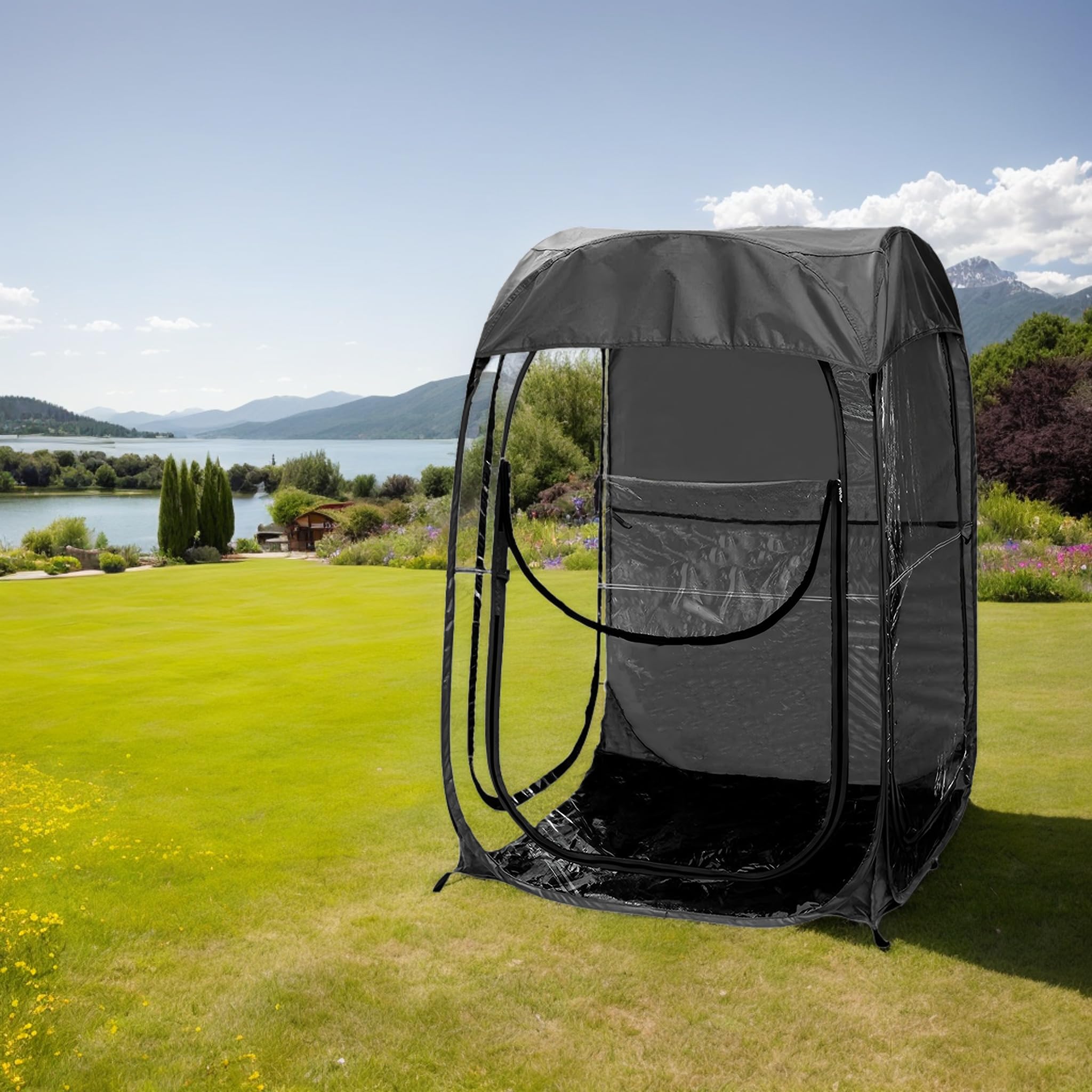 Generic portable pop up sports tent in use by camper for rest and shade