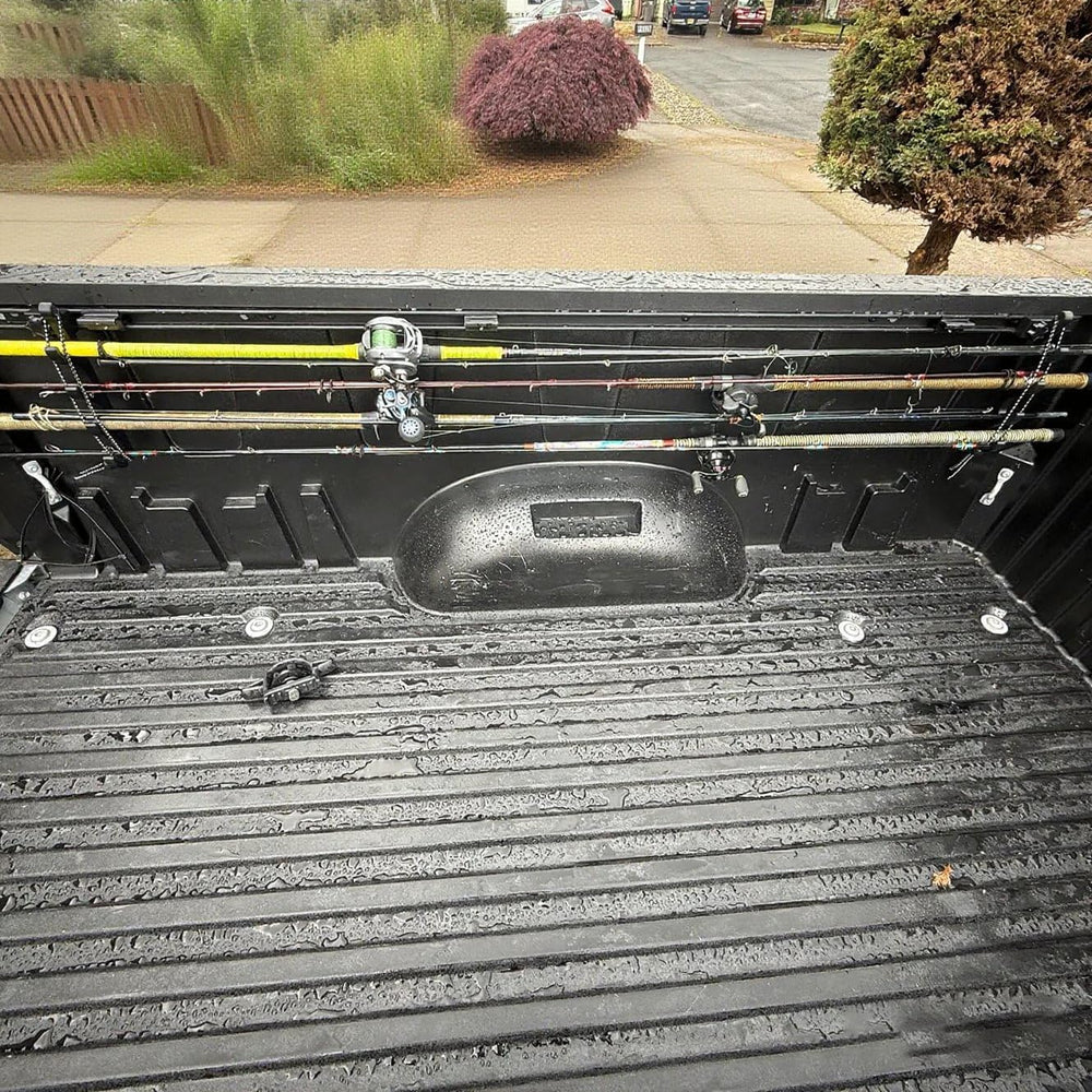 Generic Quick-Release Rod Holder shows tonneau-compatible setup for easy access.