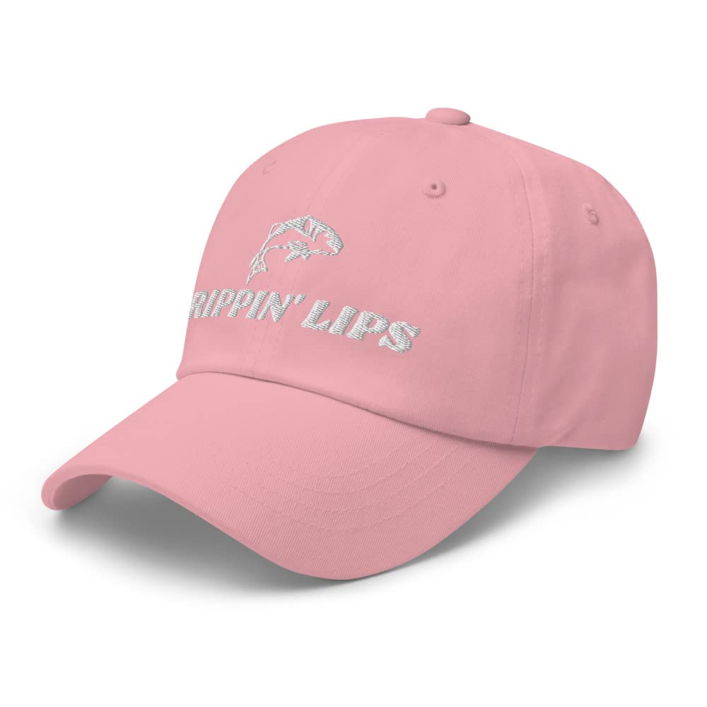 Generic Rippin Lips pink hat embroidery detail for casual fishing outings.