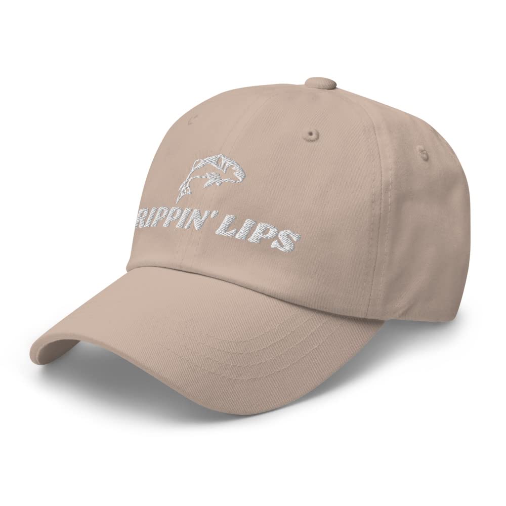 Generic Rippin Lips fishing hat embroidery detail, stylish logo for casual outdoor use.
