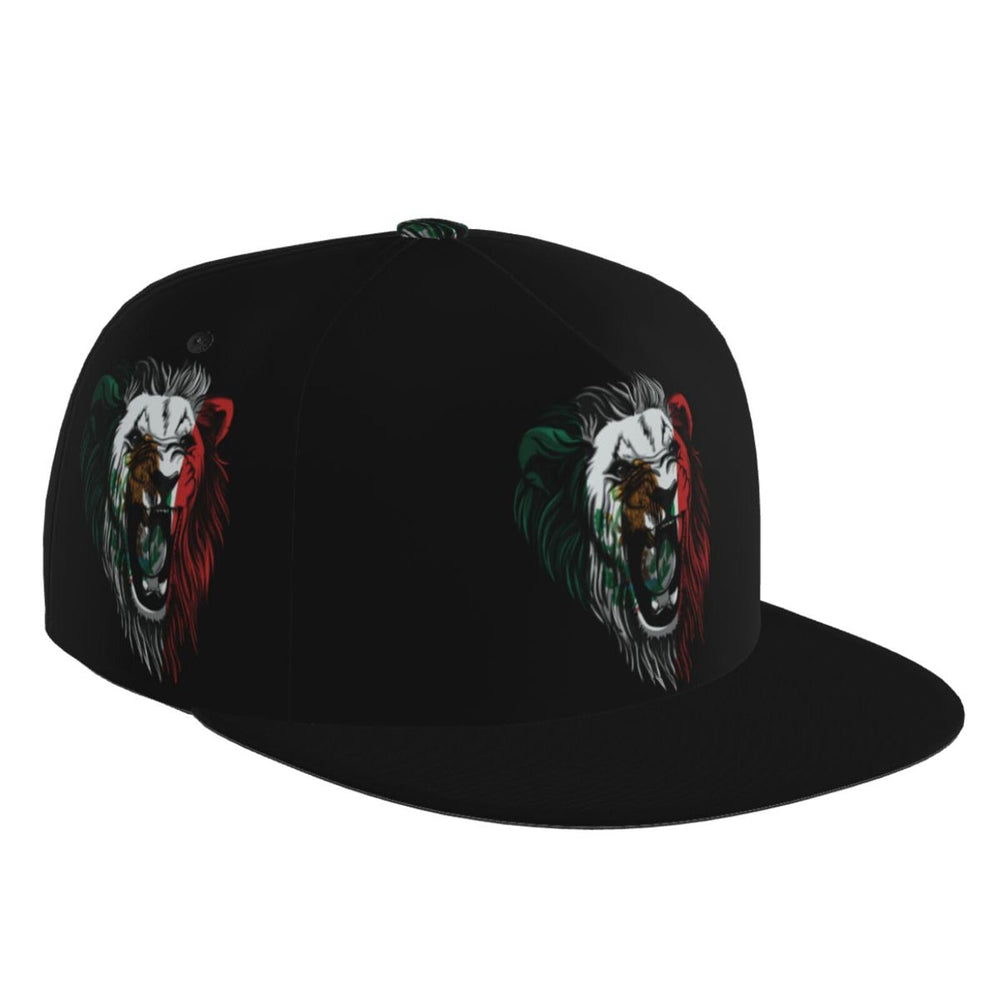 Generic roaring angry lion flat bill cap viewed front for sun protection and style