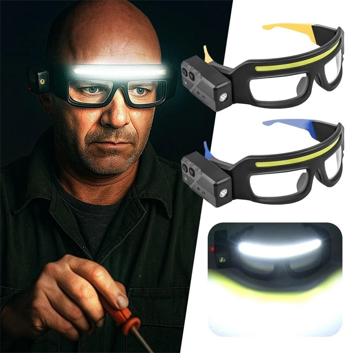 Generic safety glasses with dual light headlamp offering hands-free illumination for dark tasks