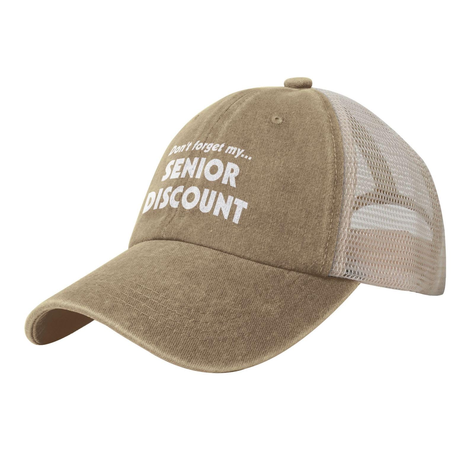 Generic senior discount mesh hat front view, breathable washed cotton feel for daily comfort.