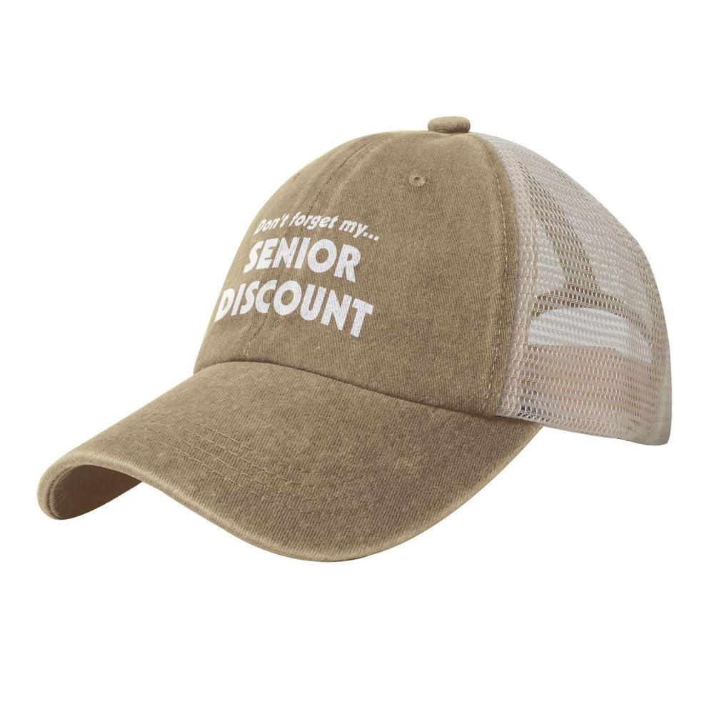 Generic senior discount mesh hat front view, breathable washed cotton feel for daily comfort.