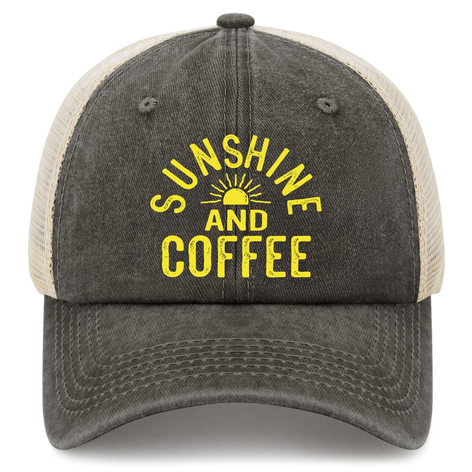 Generic Sunshine and Coffee hat front view with bold text for sunny day style
