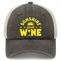 Generic Sunshine and Wine trucker hat front view with bright graphic and breathable fabric for sunny days.