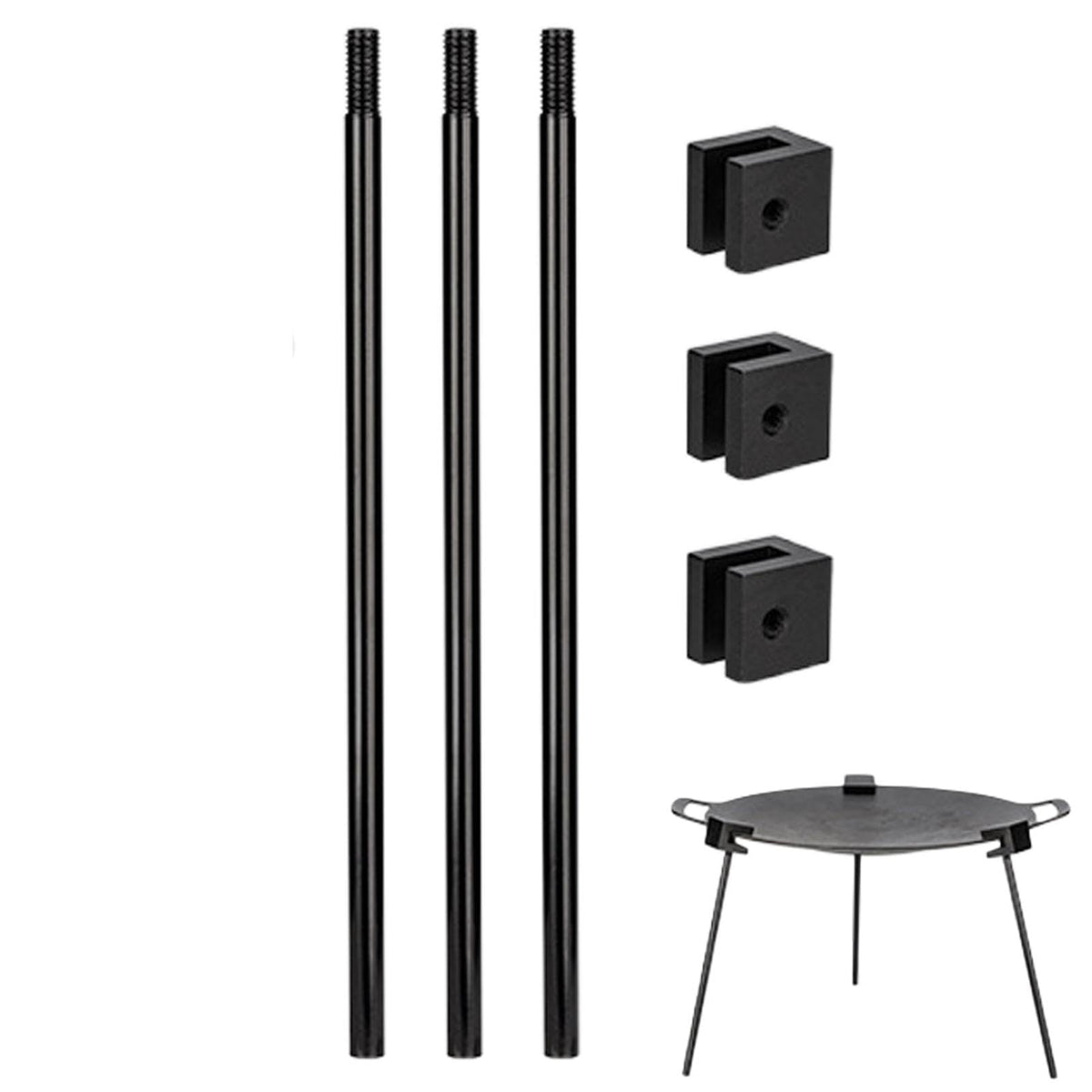Generic tripod grill-lantern-hanger-base enables a stable base for open-fire cooking.