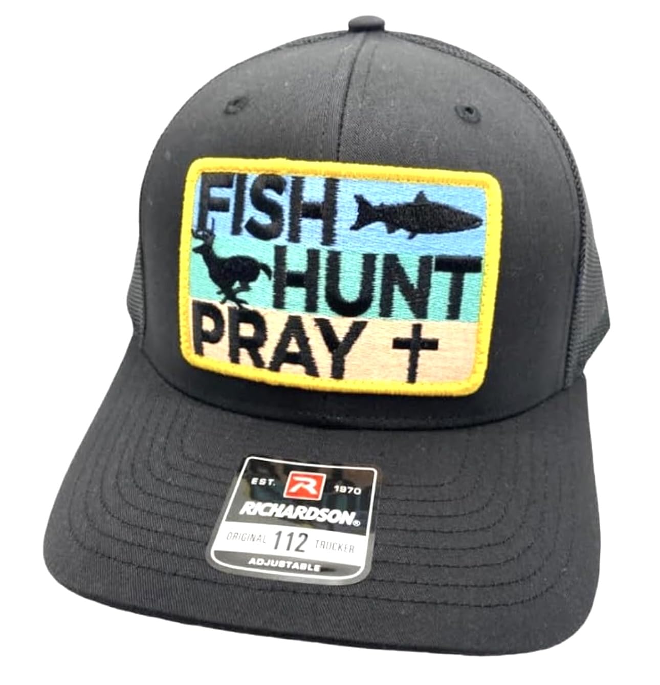 Generic Trucker Hat with Fish Hunt Pray patch for outdoor adventures and all-day comfort.