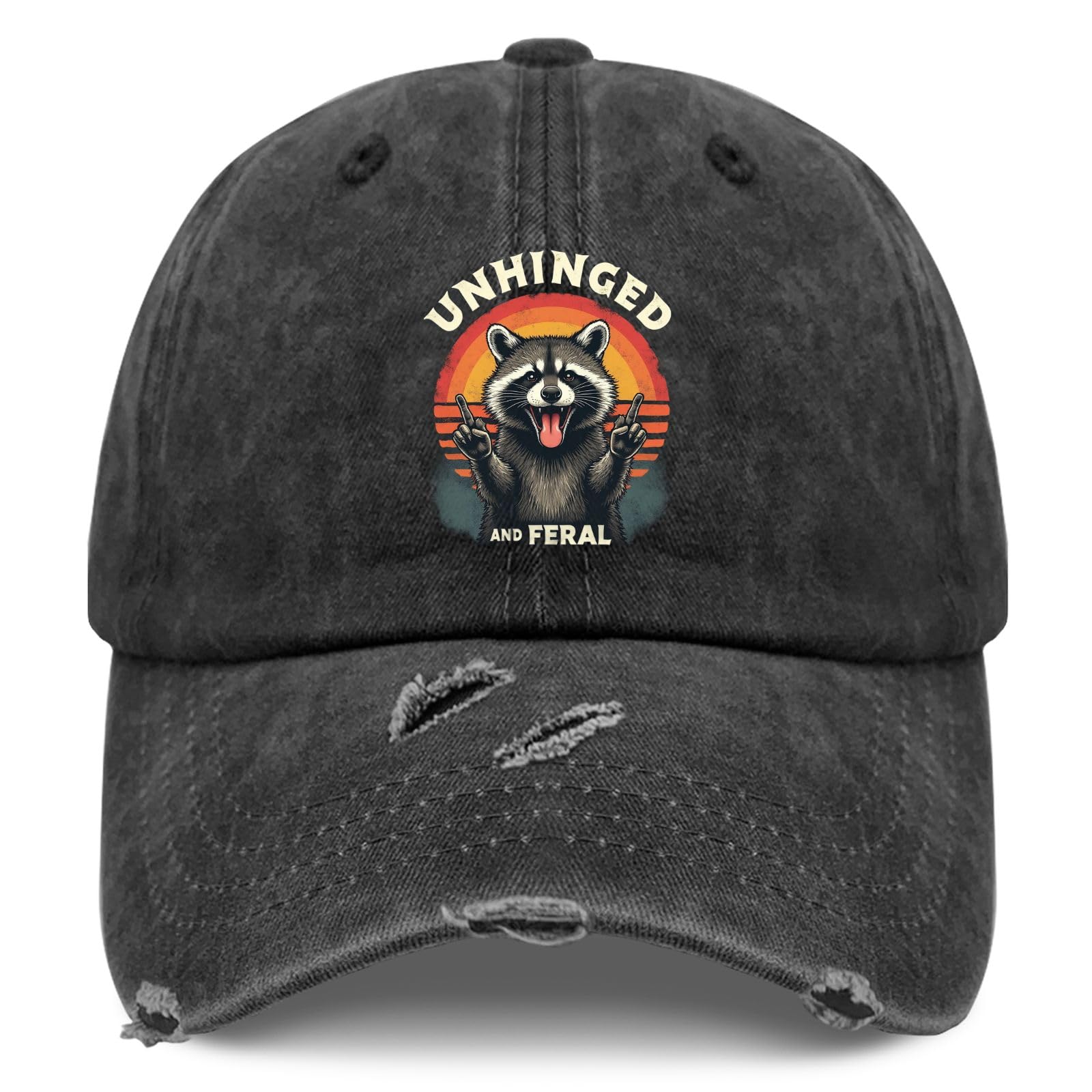 Generic Unhinged & Feral Raccoon cap close-up graphic highlights playful design