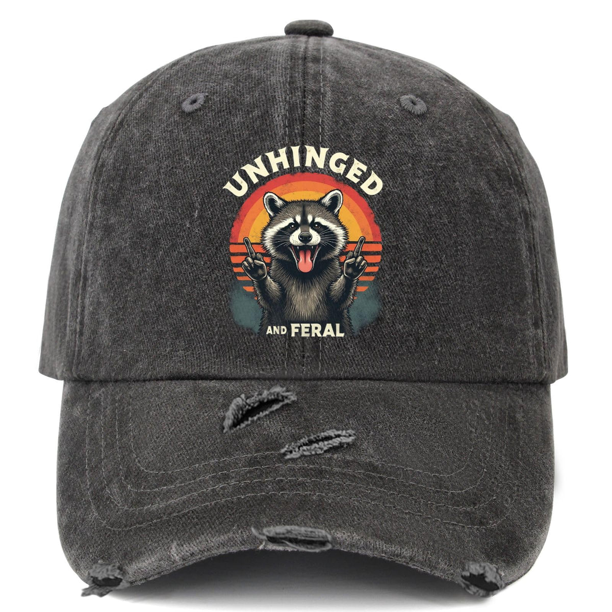 Generic Unhinged & Feral Raccoon cap front view with casual sun protection and style
