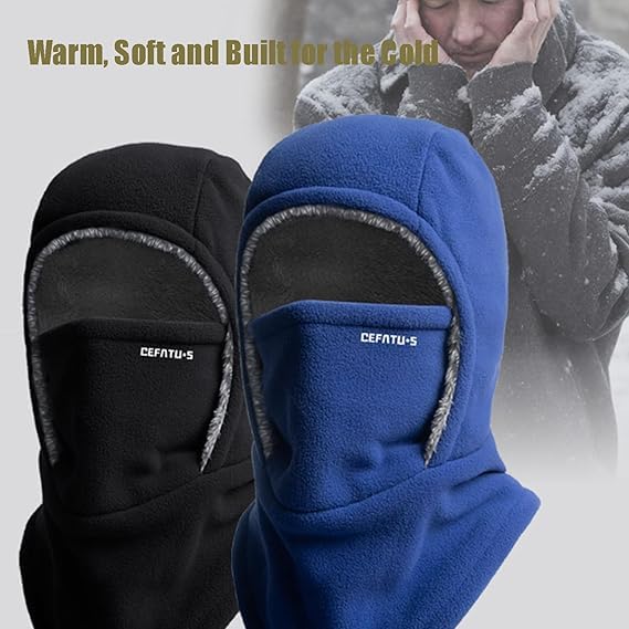Generic unisex multi-functional balaclava blue adapts to mask, neck warmer, or hat.