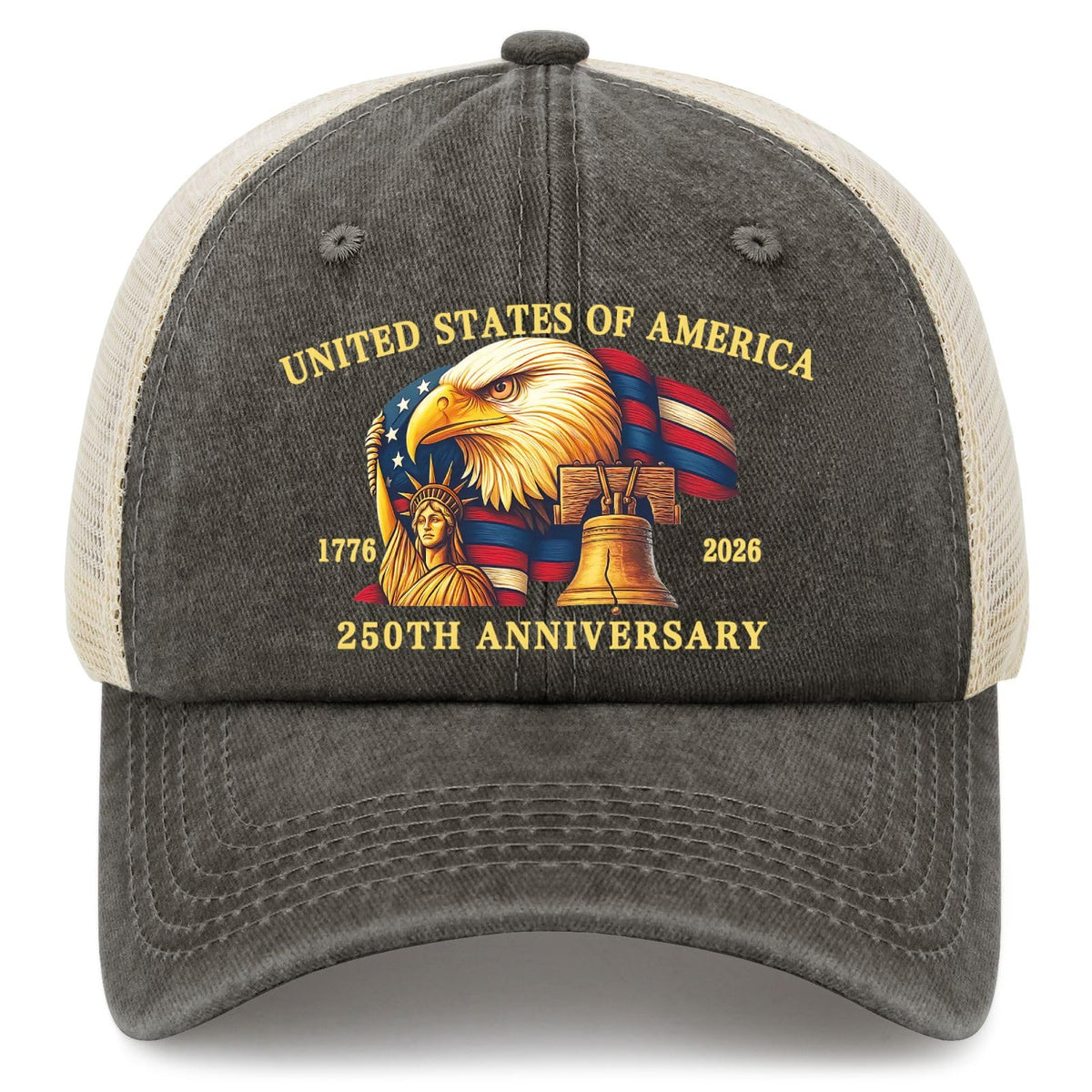 Generic United States 250th Anniversary hat front view with adjustable strap for comfort