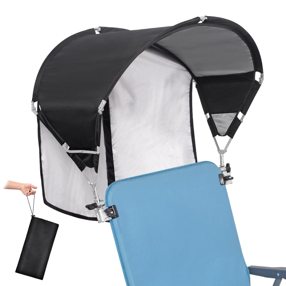 Generic universal chair umbrella clamp securely attaches to many chair frames for on-the-go shade