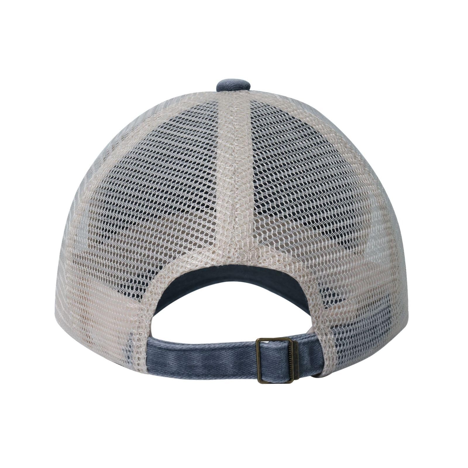 Generic Washed denim Make America America Again Trucker Hat navy blue styling.