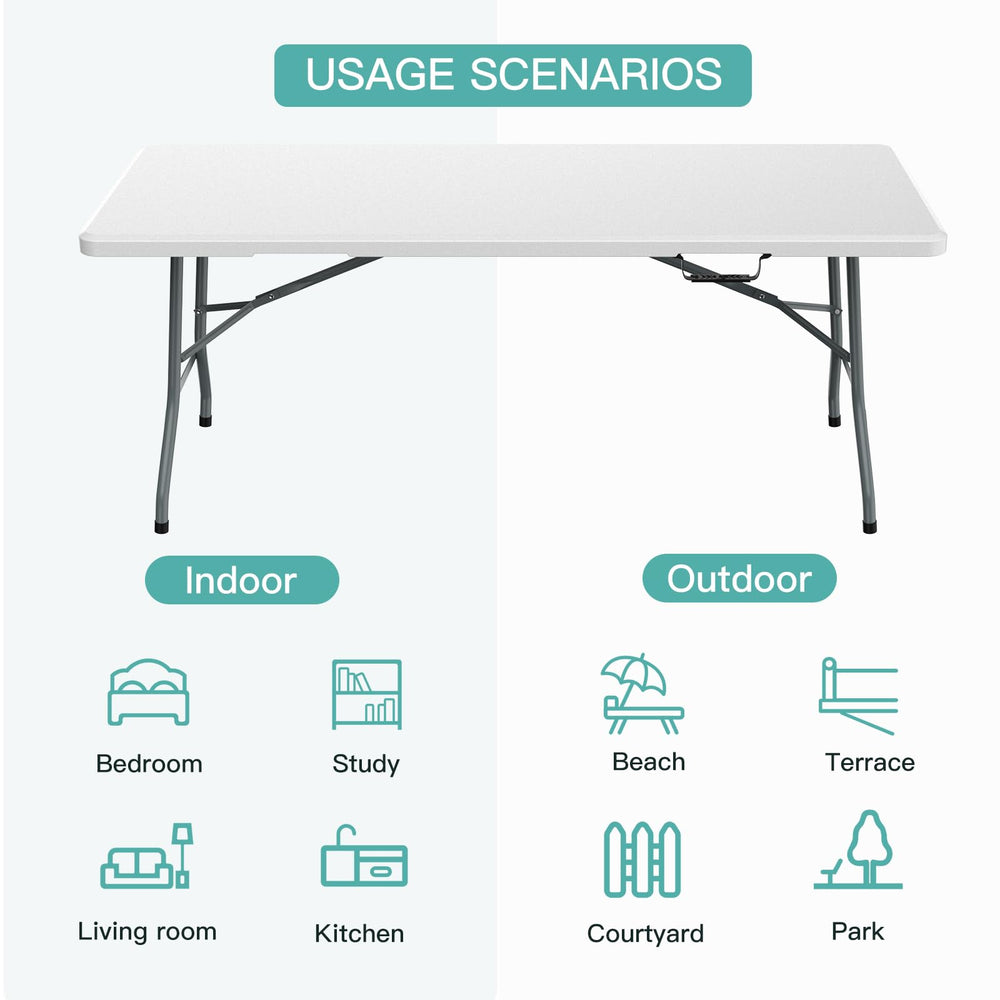 Generic white plastic table versatile for dining, games, and gatherings.