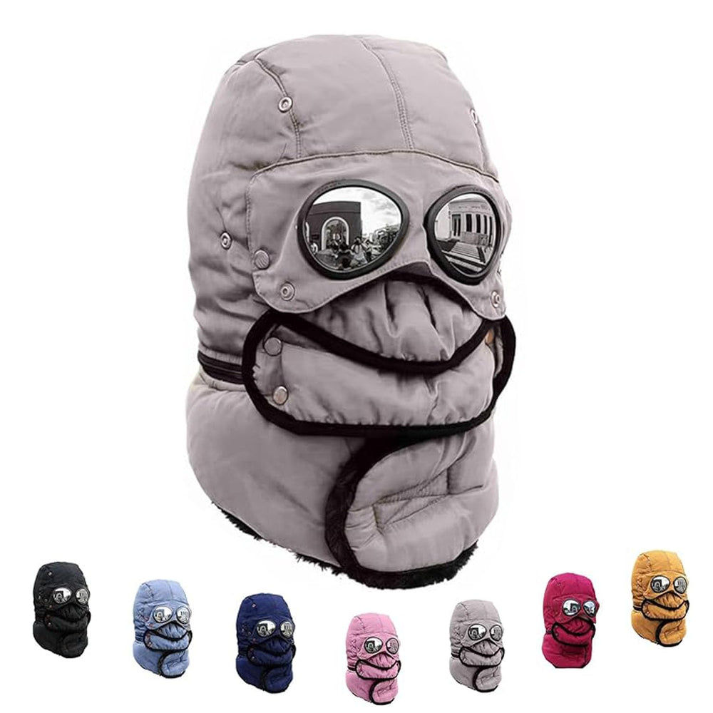 Generic winter thermal hat with glasses shows full head warmth and wind protection