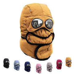 Generic Winter Thermal Hat with Glasses in yellow, front view, all-in-one warmth for winter outings.
