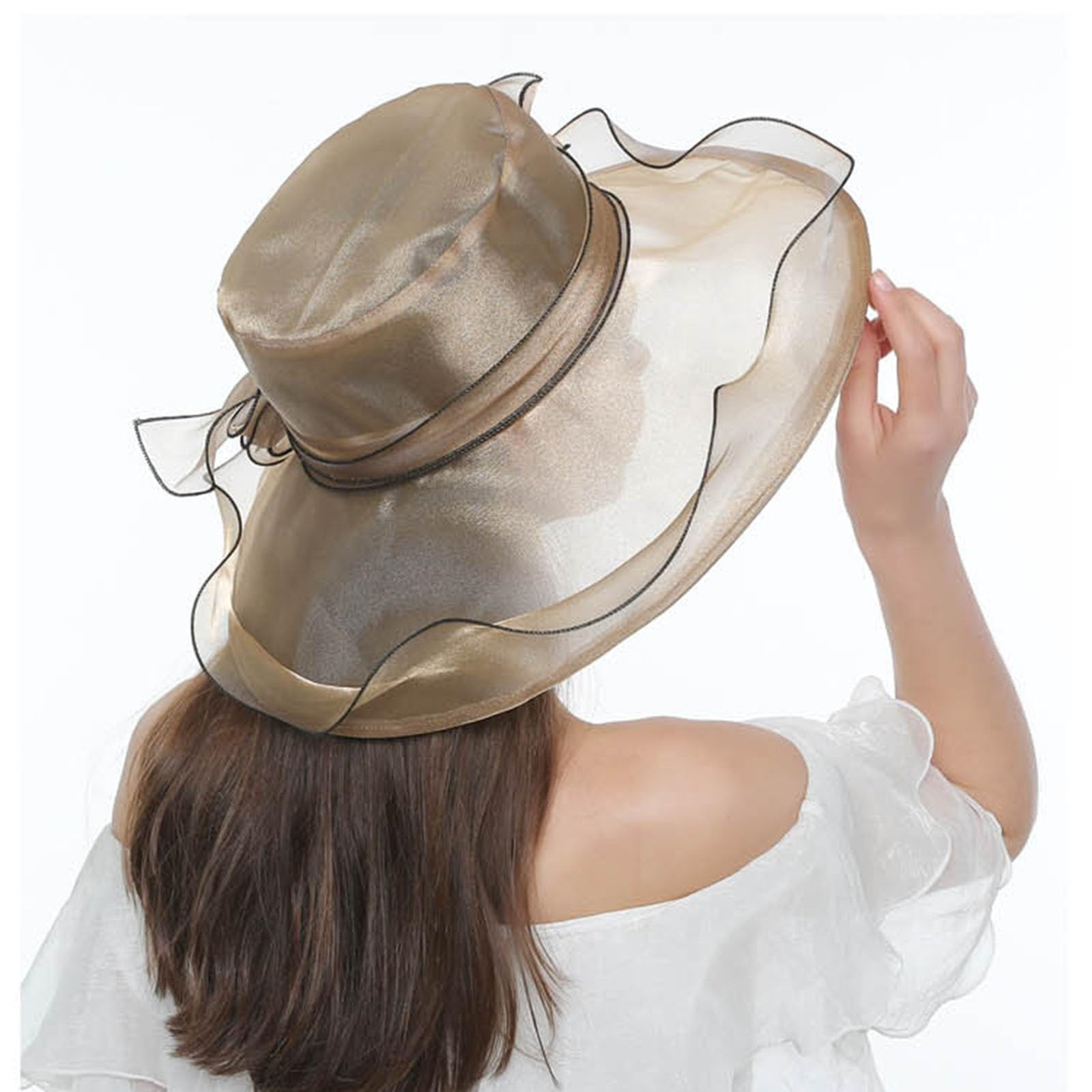 Elegant organza fascinator, Kentucky Derby style, beige shade for outdoor celebrations.