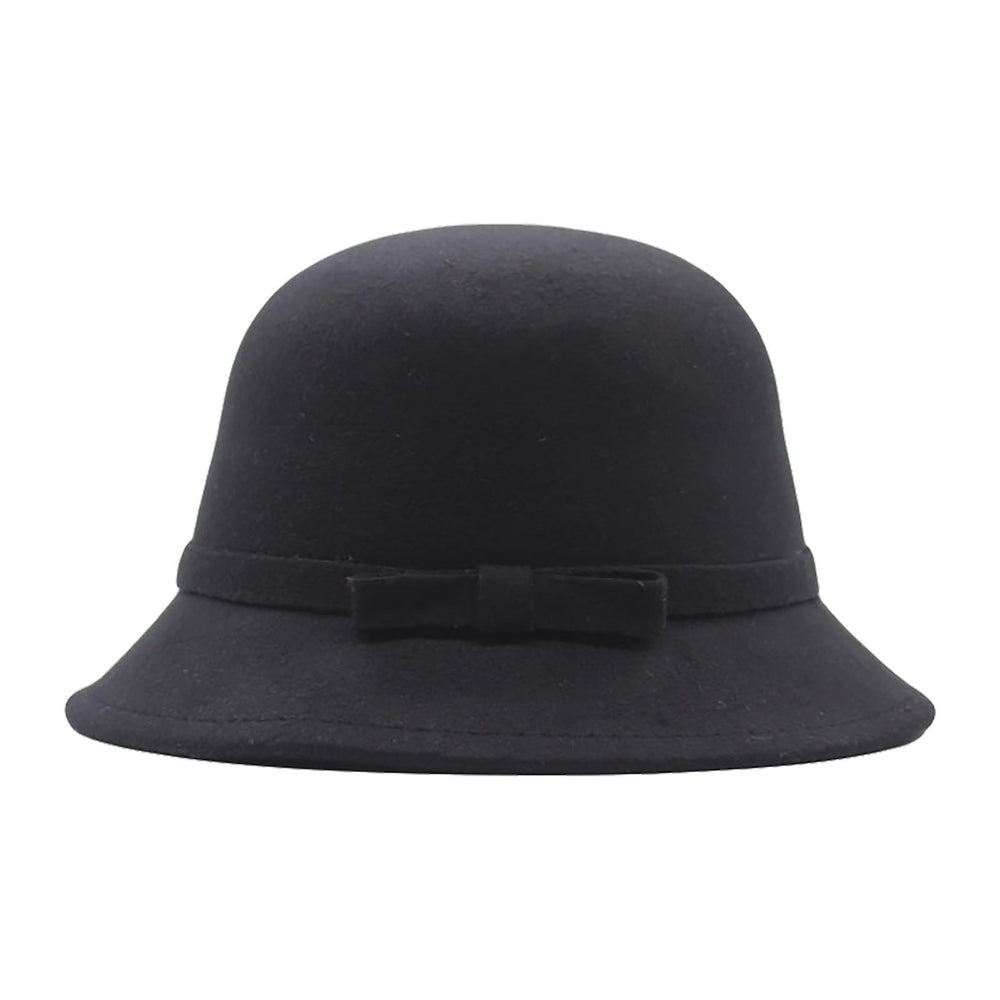 Generic women's vintage bowler hat with flower detail in black for refined winter warmth.