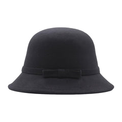 Side view of Generic bowler hat with flower accent in black.