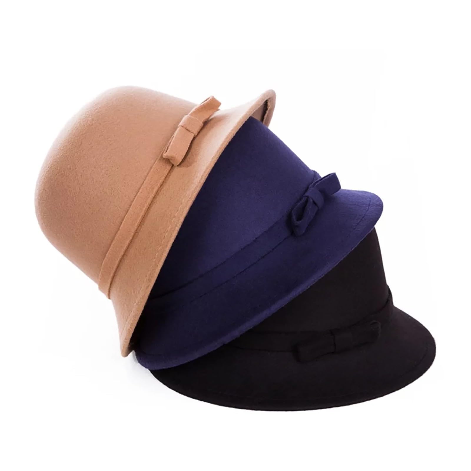 Close-up of Generic wool cloche bowler hat showing flower embellishment for subtle elegance.