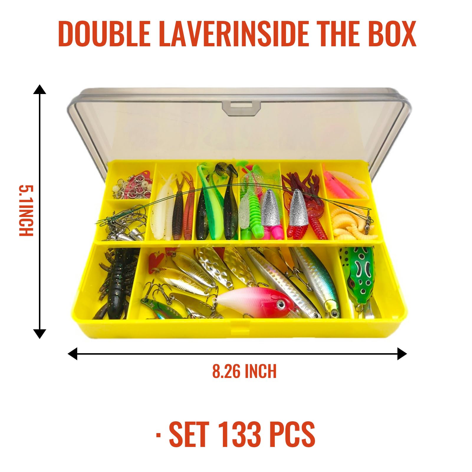 Portable double-layer tackle box with 133 pcs of lures
