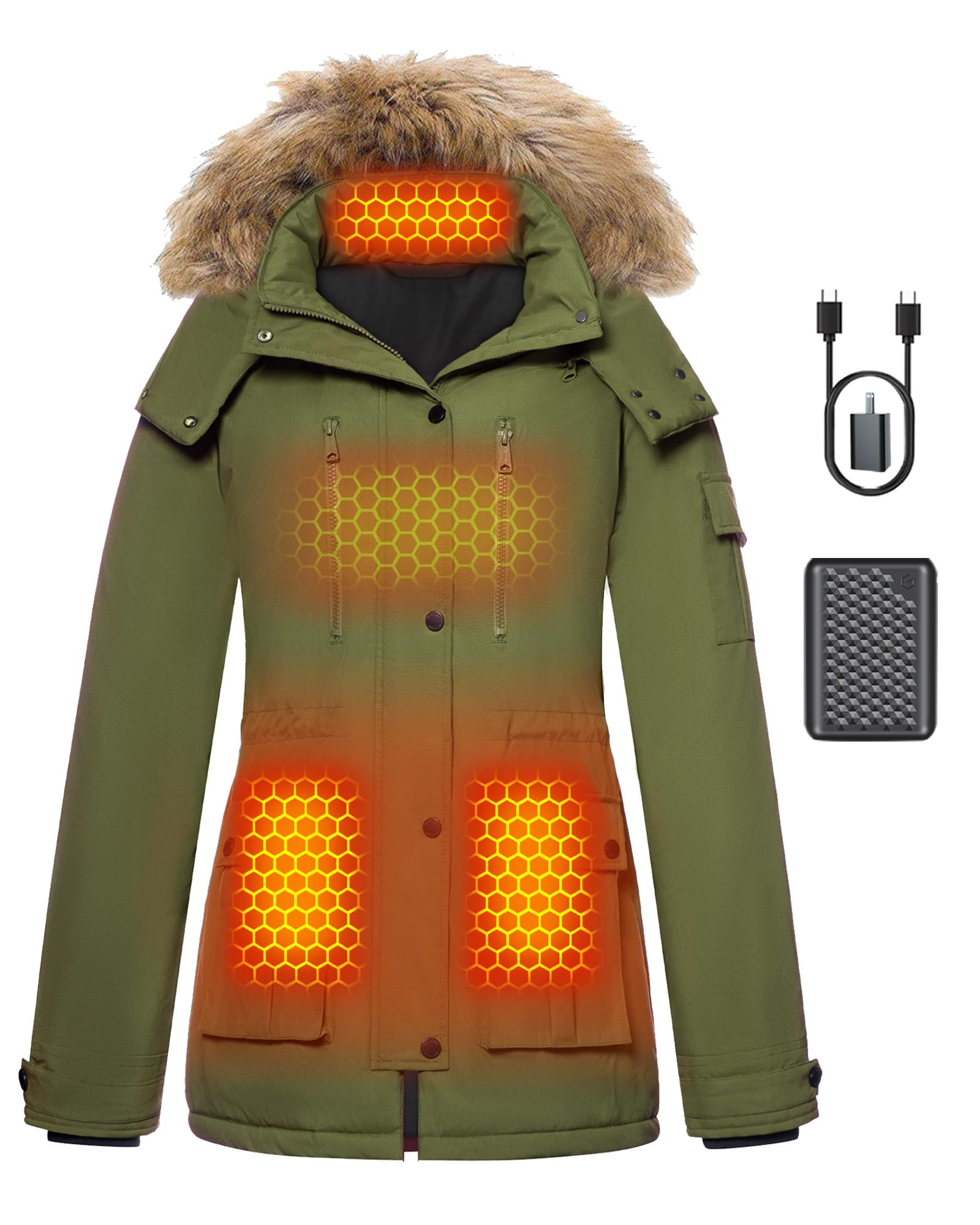 Genovega women's graphene heated jacket front view showing integrated heating panels for warmth
