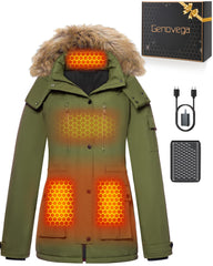Genovega women's graphene heated jacket front view showing integrated heating panels for warmth