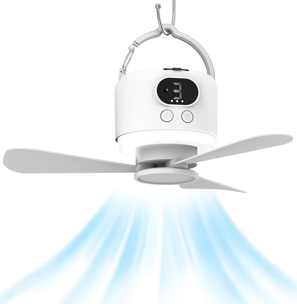 Geonfi wireless portable ceiling fan with three blades for camping comfort.