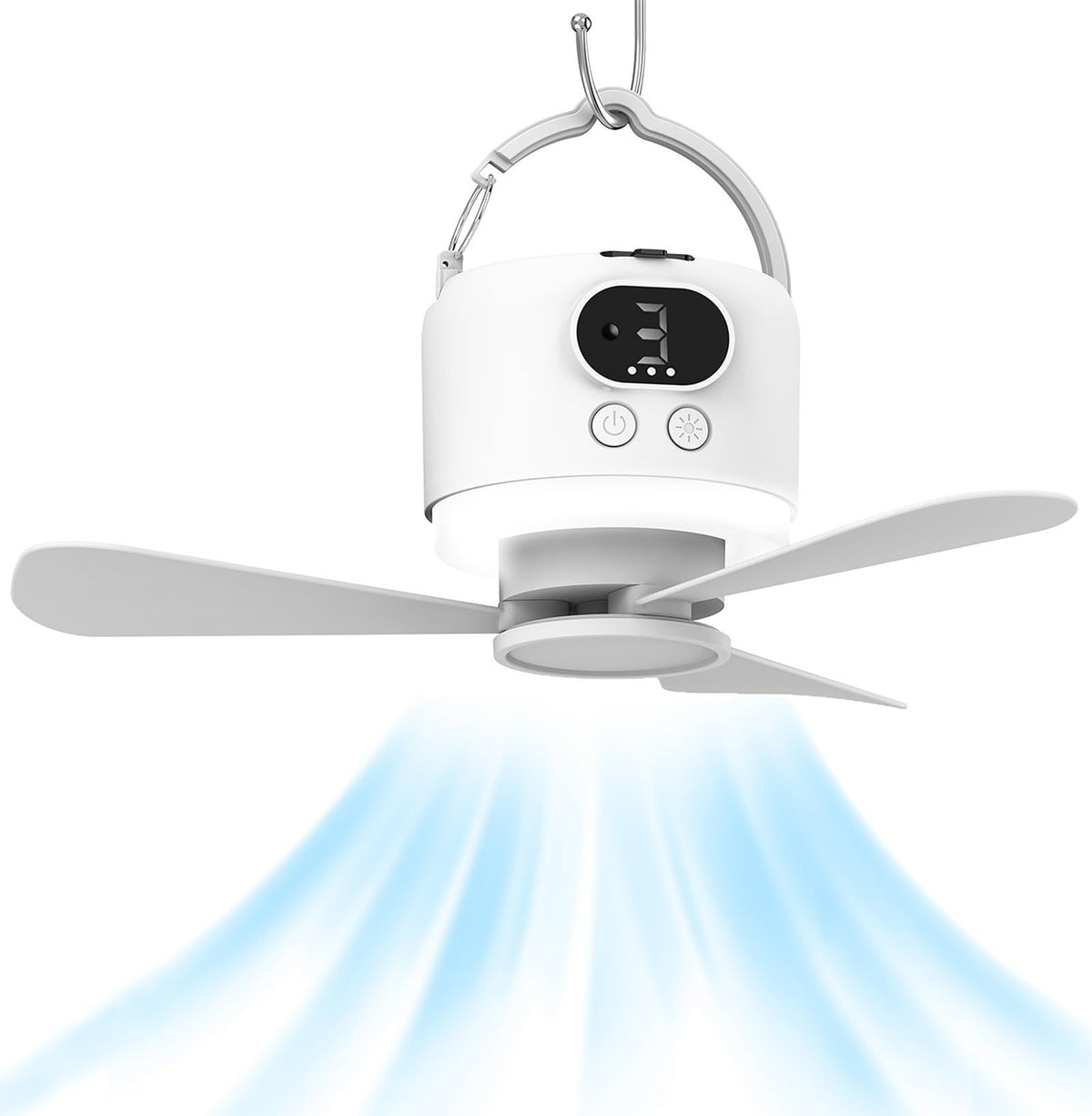 Geonfi wireless portable ceiling fan with three blades for camping comfort.