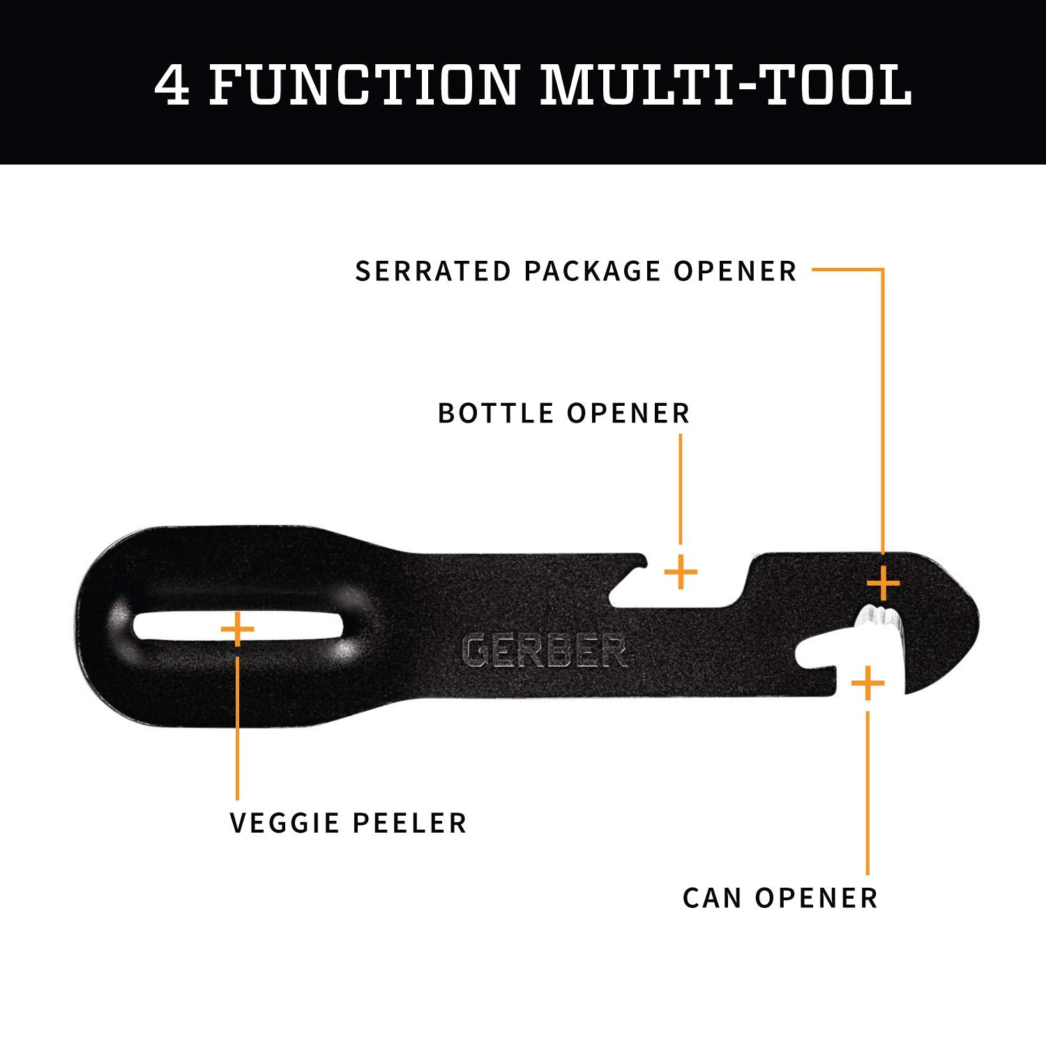 Gerber ComplEAT four-function multi-tool features serrated opener and bottle opener.