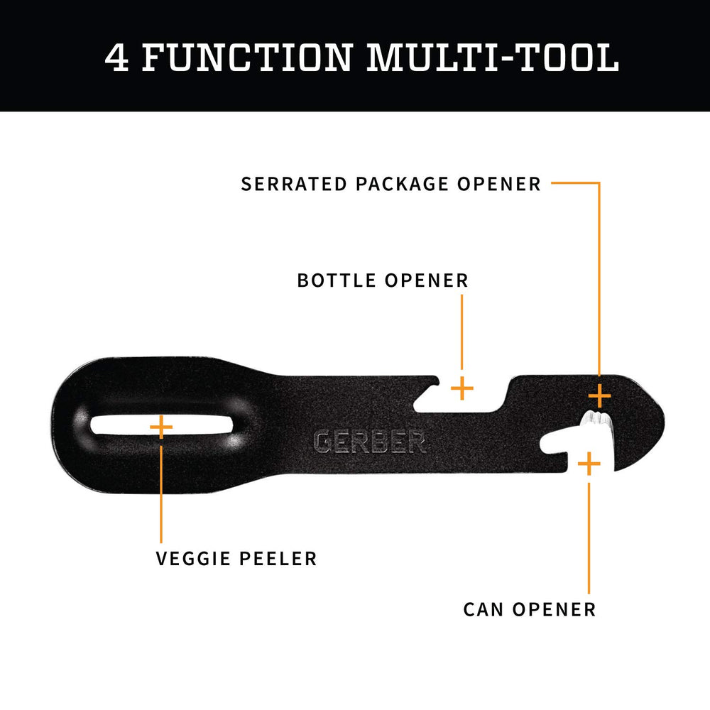 Gerber ComplEAT four-function multi-tool features serrated opener and bottle opener.