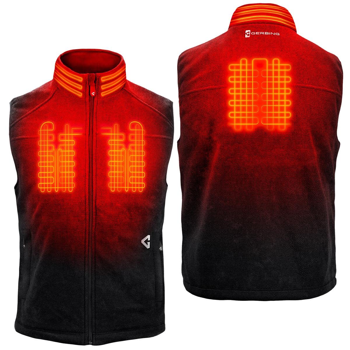 Gerbing Thermite Fleece Vest 2.0 heating zones illustration shows chest, back, and neck coverage