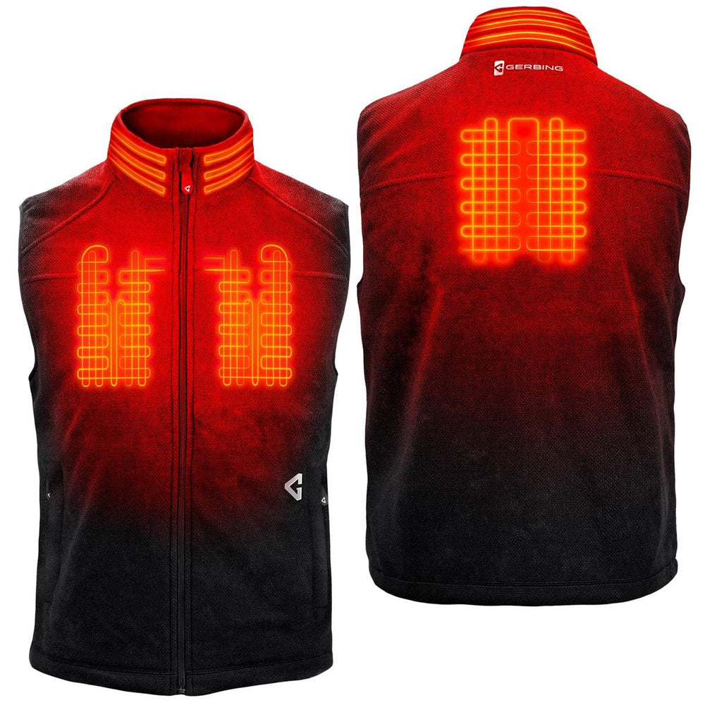 Gerbing Thermite Fleece Vest 2.0 heating zones illustration shows chest, back, and neck coverage