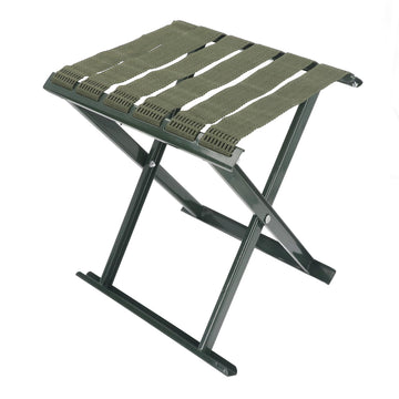 Gernie folding stool with steel frame provides durable outdoor seating.