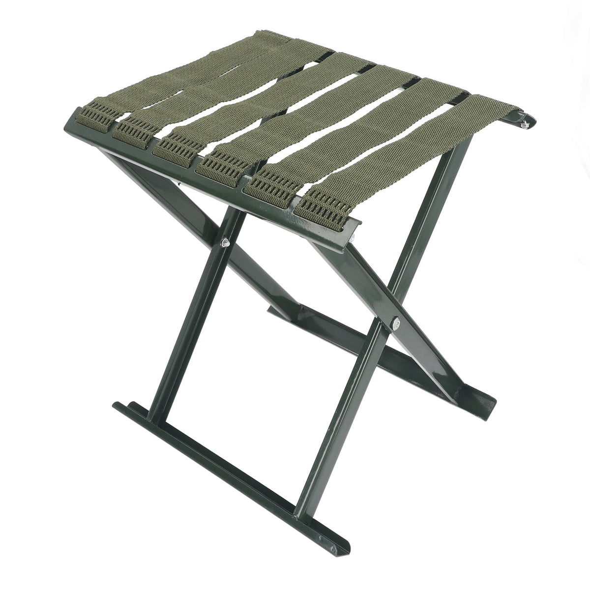 Gernie folding stool with steel frame provides durable outdoor seating.