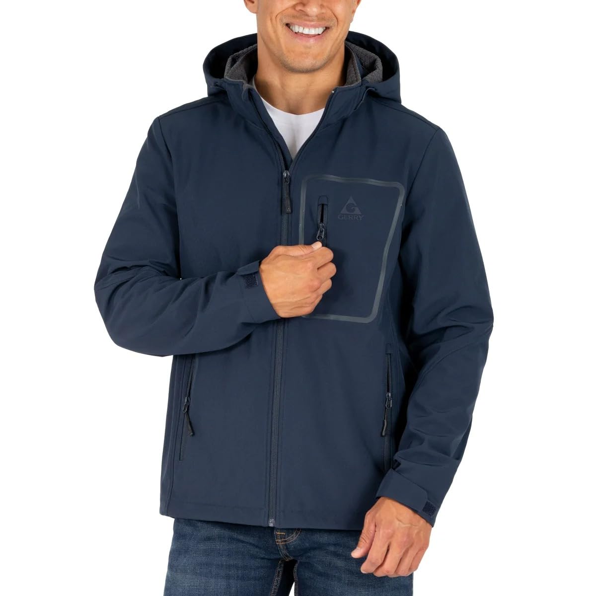 Gerry Men's Softshell Jacket adjustable hood demonstrates customizable warmth for changing weather.