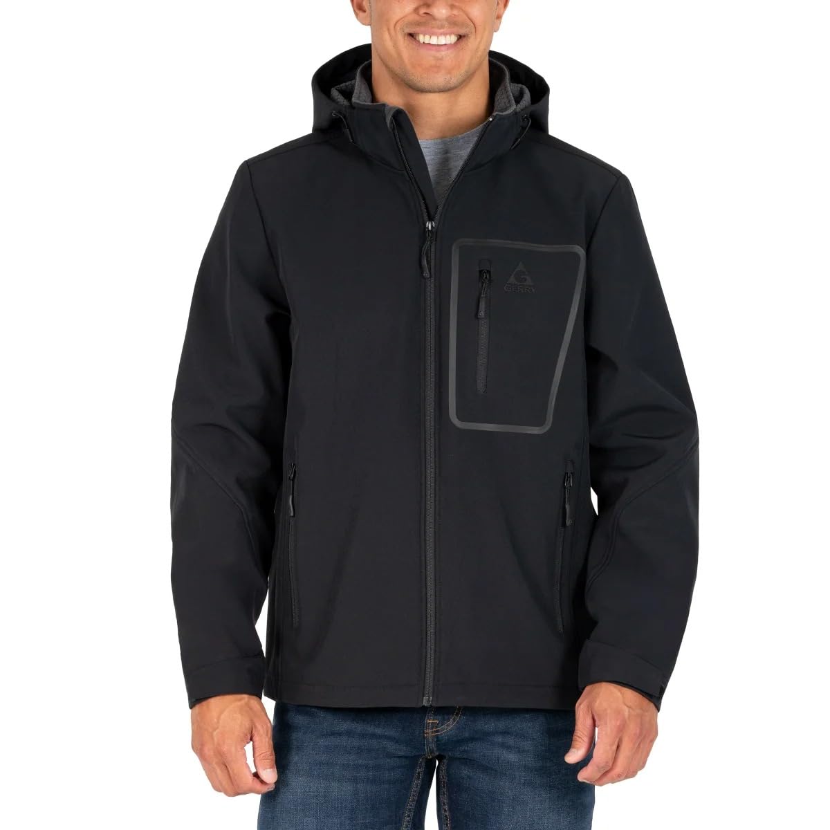 Gerry softshell jacket front view highlights versatile protection for outdoor activities in variable conditions