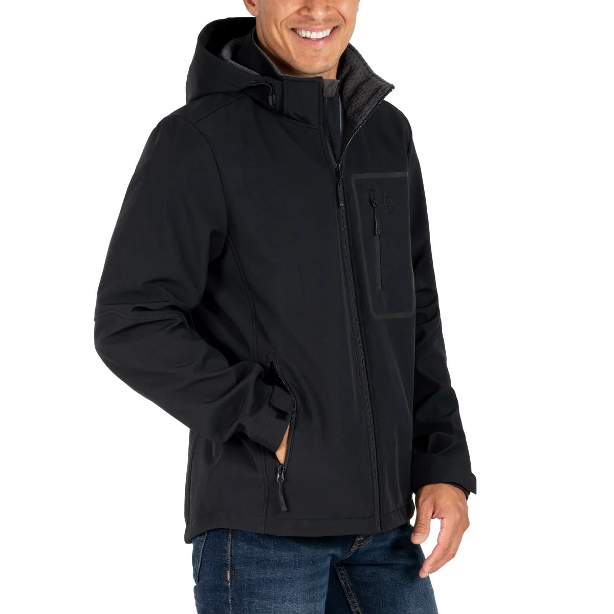 Gerry softshell jacket hood-adjustment close-up illustrates customizable warmth and weather sealing