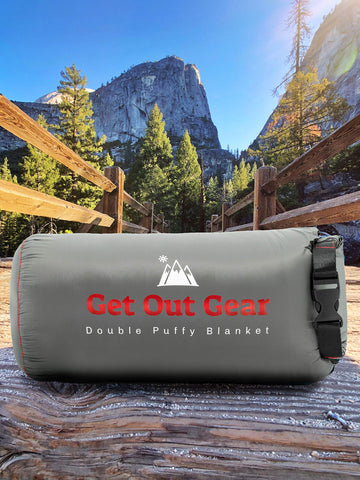 Get Out Gear Double Puffy blanket fully puffed to 77x50 inches for warm coverage.