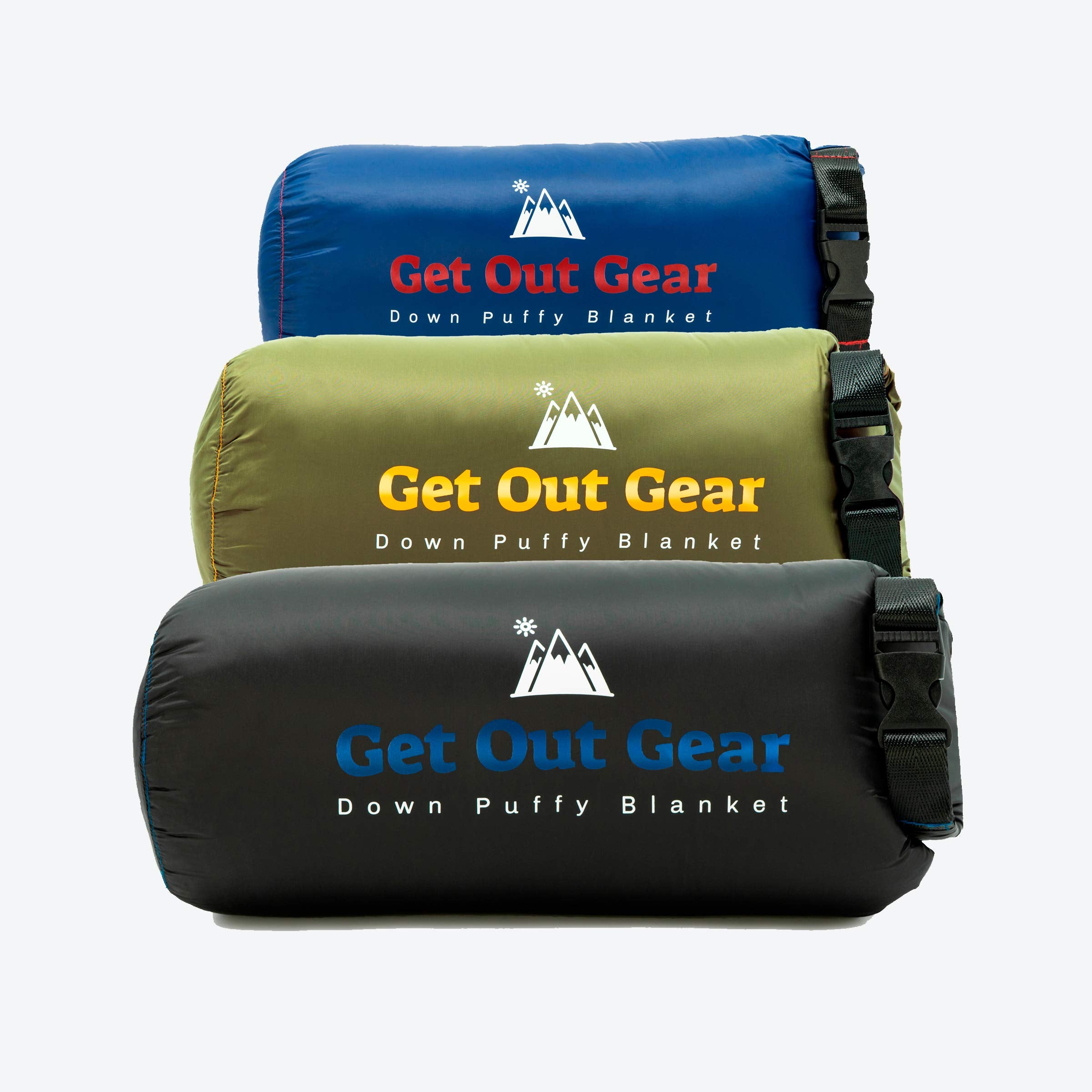 Get Out Gear down camping blanket beside a backpack for versatile travel use.
