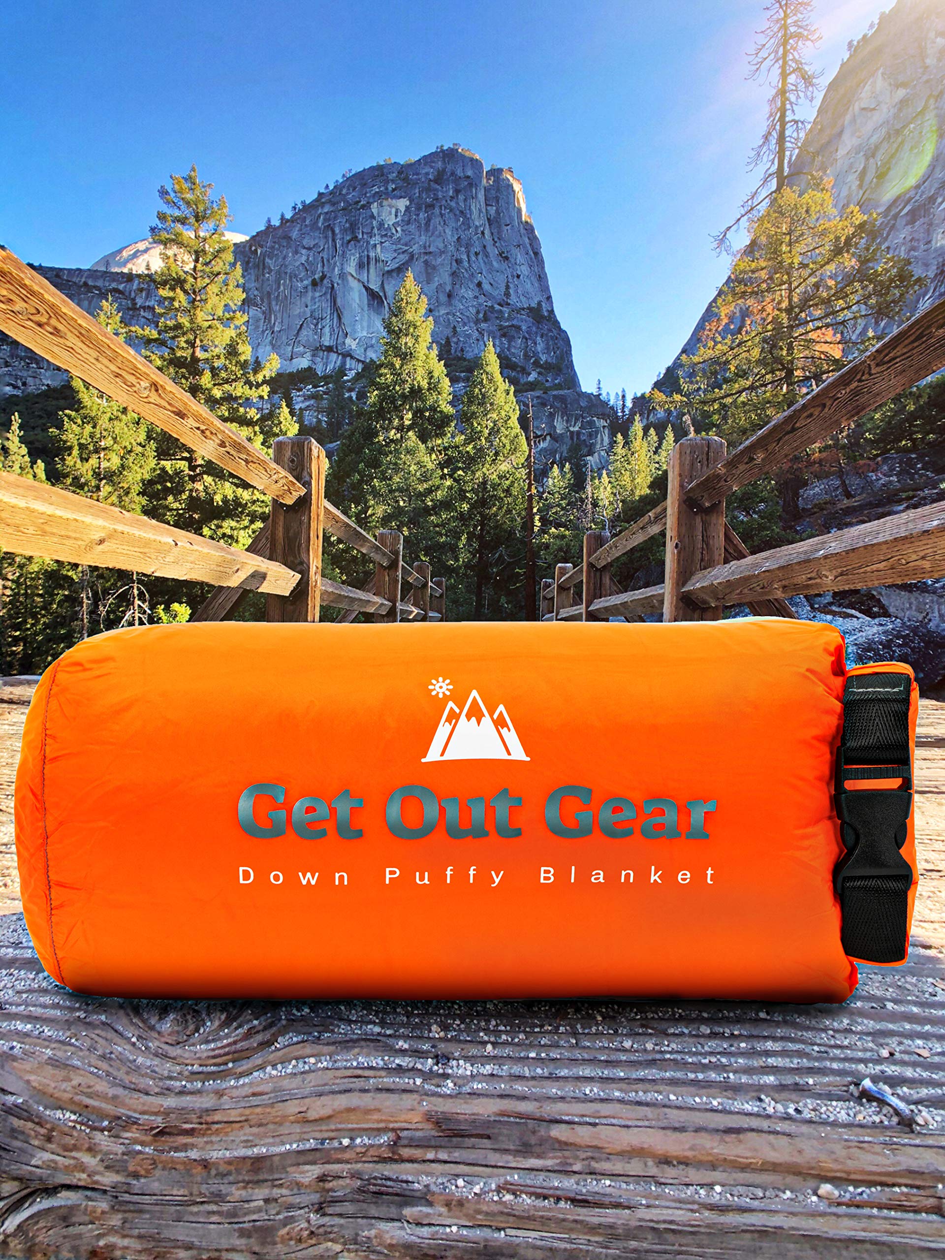 Get Out Gear Down Blanket folded compactly, ready for backpacking adventures.
