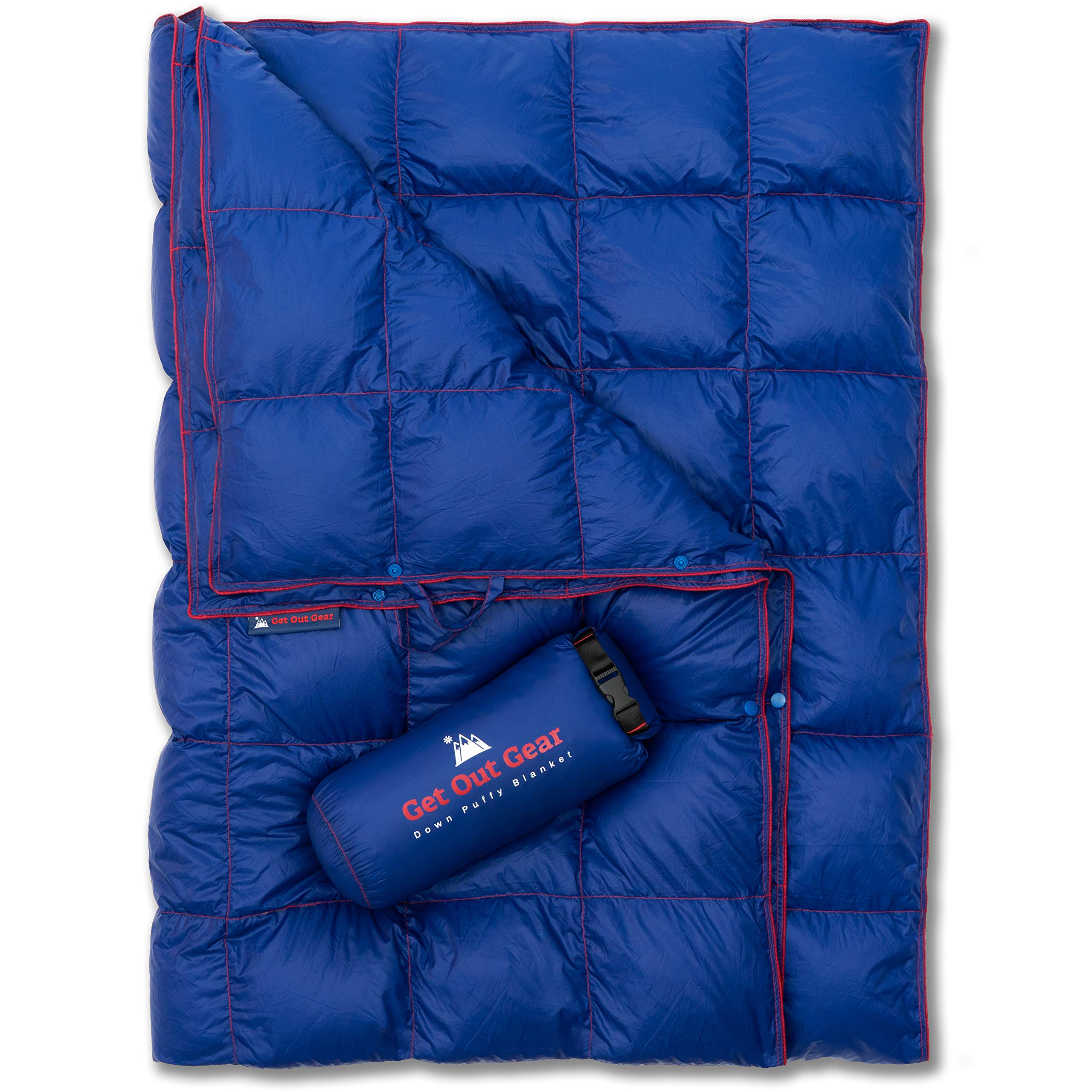 Get Out Gear down camping blanket folded in compact stuff sack for easy backpacking.