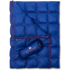 Get Out Gear down camping blanket folded in compact stuff sack for easy backpacking.