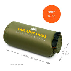 Get Out Gear Down Blanket nylon shell blocks wind for outdoor warmth.
