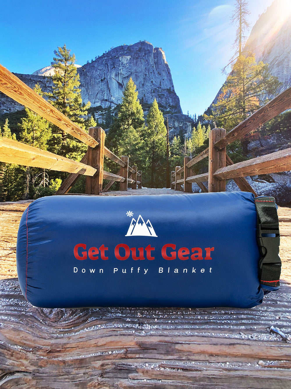 Get Out Gear down camping blanket packed in its sack for ultralight travel.