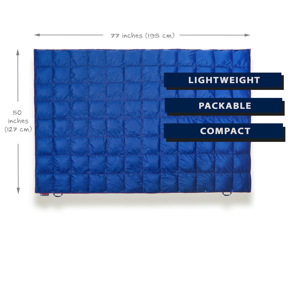 Get Out Gear down camping blanket with water-resistant shell in damp campsite.