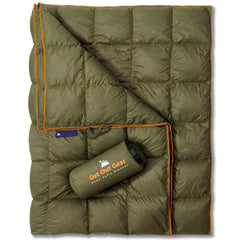 Get Out Gear Down Camping Blanket packable display showing compact size and easy carrying.