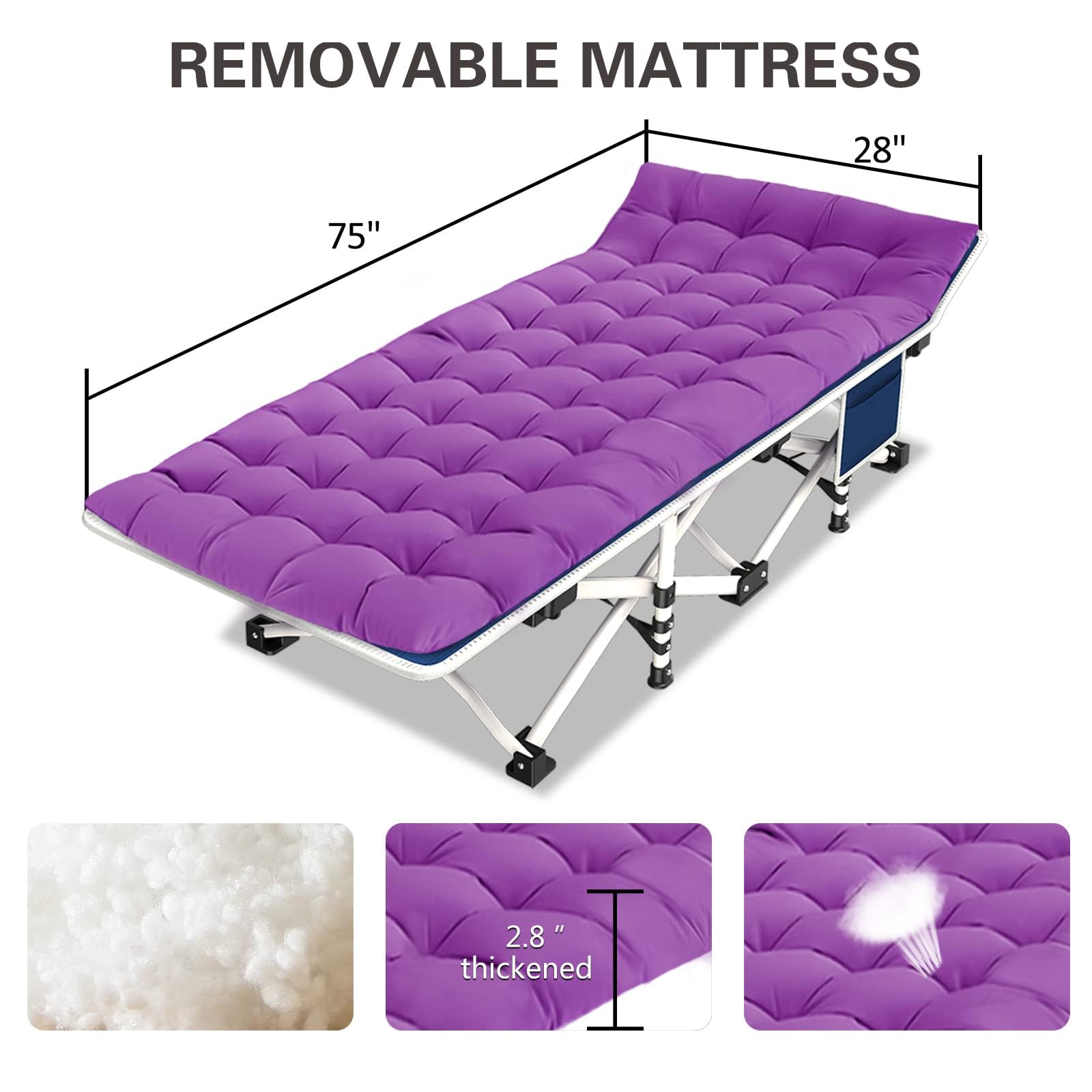 GETOVIN camping cot with mattress folded in carry bag for easy transport.